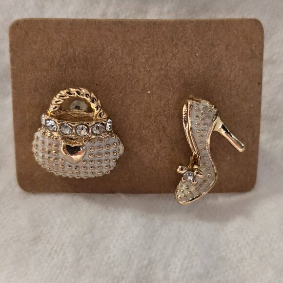 Shoe High Heel & Handbag Purse Earrings Stud Cream Colored Enamel Rhinestones - Picture 5 of 6